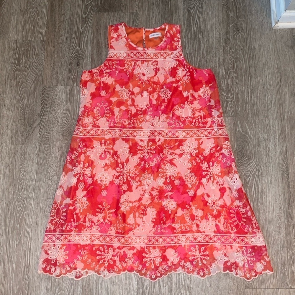 Calvin Klein Embroidered Chiffon Trapeze Dress size 12 color: Ember Multi